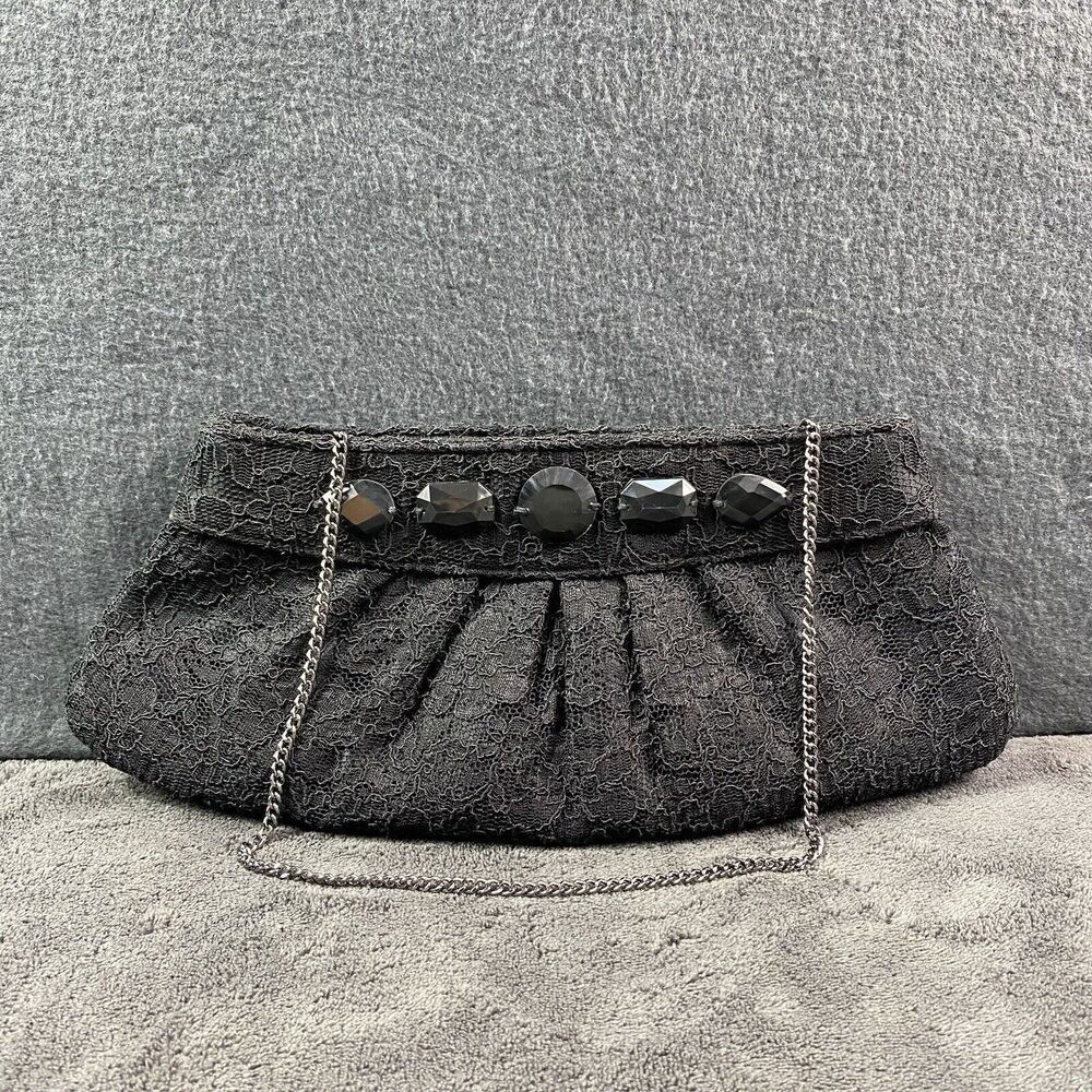 WHBM Women's Lace and Jewel Evening Bag Clutch Silver Chain Strap Black Shoulder